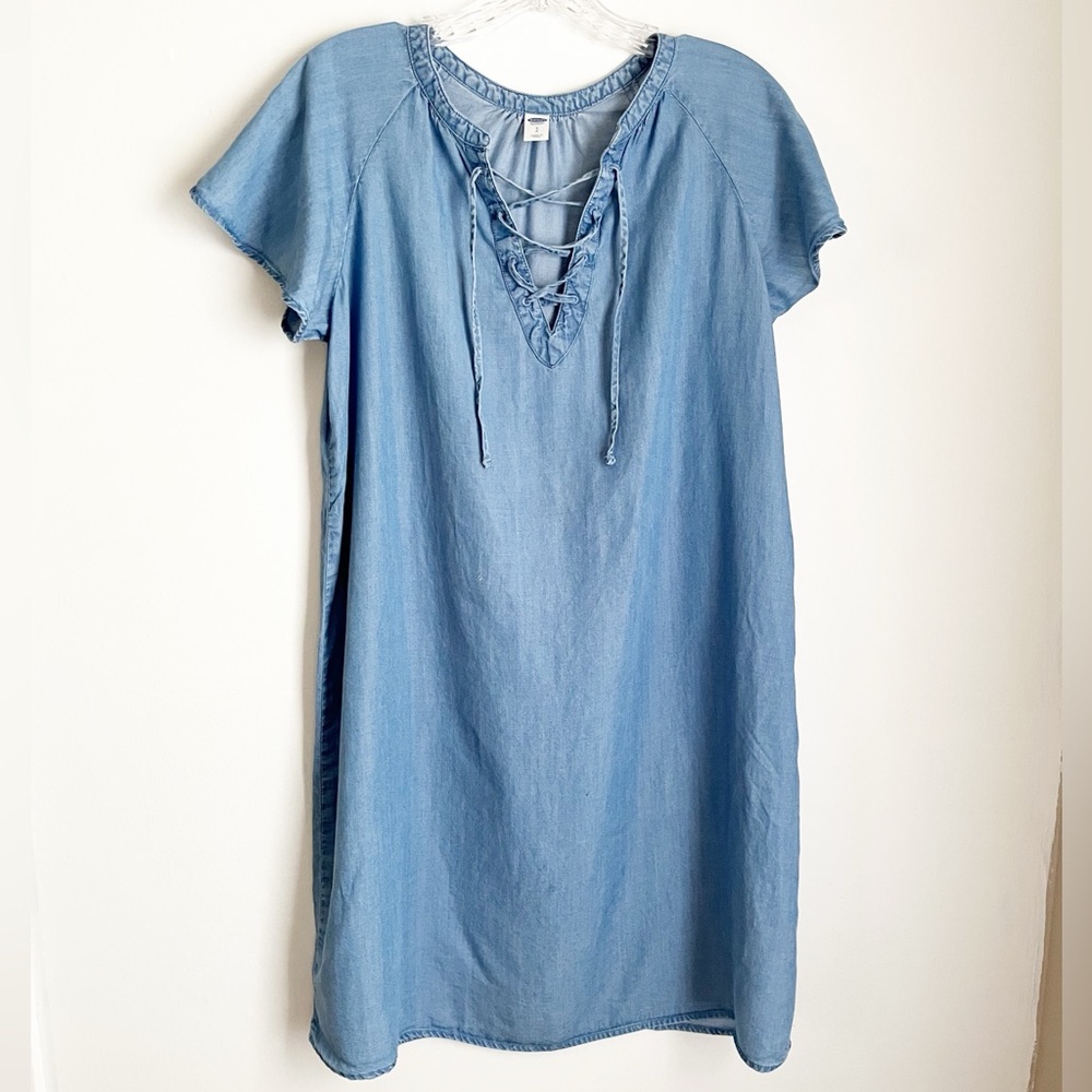 Old Navy Blue Easy Fit Chambray Denim Lace-Up Dress